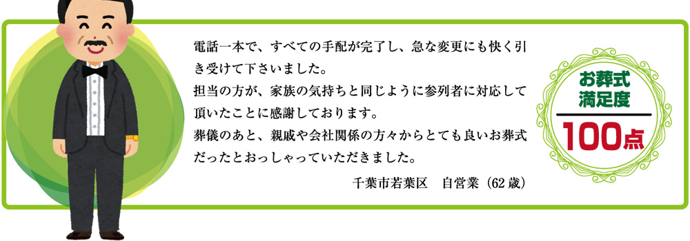 電話一本ですべての手配を完了し、急な変更にも快く引き受けて下さいました。担当の方が、家族の気持ちと同じように参列者に対応して頂いたことに感謝しております。葬儀のあと、親戚や会社関係者の方々からとても良いお葬式だったとおっしゃっていただきました。