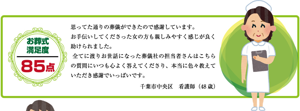 思っていた通りの葬儀ができたので感謝しています。お手伝いしてくださった女の方も親しみやすく感じが良く助けられました。全てに渡りお世話になった葬儀社の担当者さんはこちらのご質問にいつも心よく答えてくださり、本当に色々教えていただき感謝でいっぱいです。