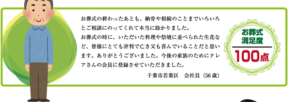 お葬式の終わったあとも、納骨や相続のことまでいろいろとご相談にのってくれて本当に助かりました。お葬式の時に、いただいた料理や祭壇に並べなれた生花など、皆様にとても評判で亡き父も喜んでいることだと思います。ありがとうございました。今後の家族のためにクレアさんの会員に登録させていただきました。